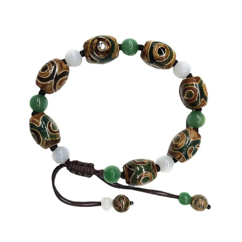 Green agate ethnic bracelet with hand-woven Tibetan beads on black stretch cord