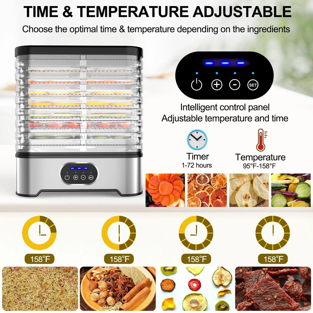 Silver and red food dehydrator with eight stainless steel drying trays, shown with storage dimensions.