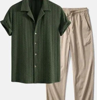 Man wearing a slim fit camouflage print short sleeve shirt and matching trousers casual suit