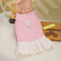 Cotton princess style pet clothing for mother dogs in beige, pink, and light purple, available in sizes S to XXL