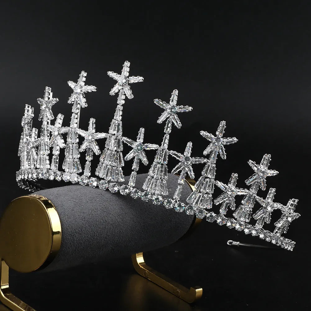 Copper bridal crown with zircon accents in gold finish on a stand