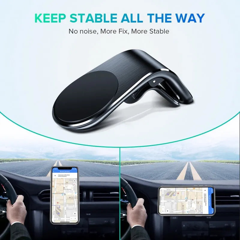 Black car phone bracket mounted on a vehicle air vent, holding a mobile phone in landscape orientation.