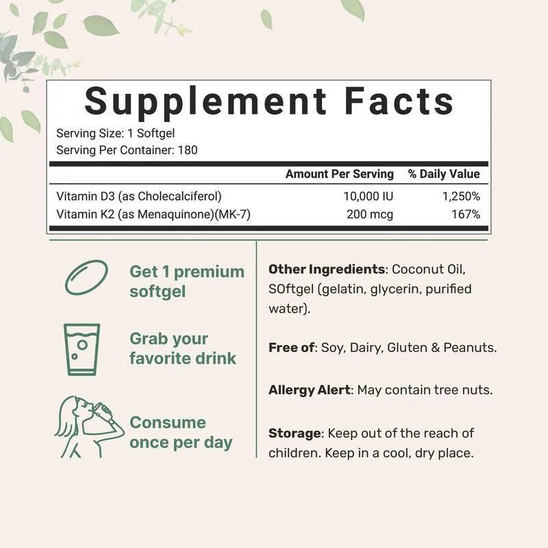 Vitamin D3 K2 softgel capsules 180 tablets supplement pack for bone health support