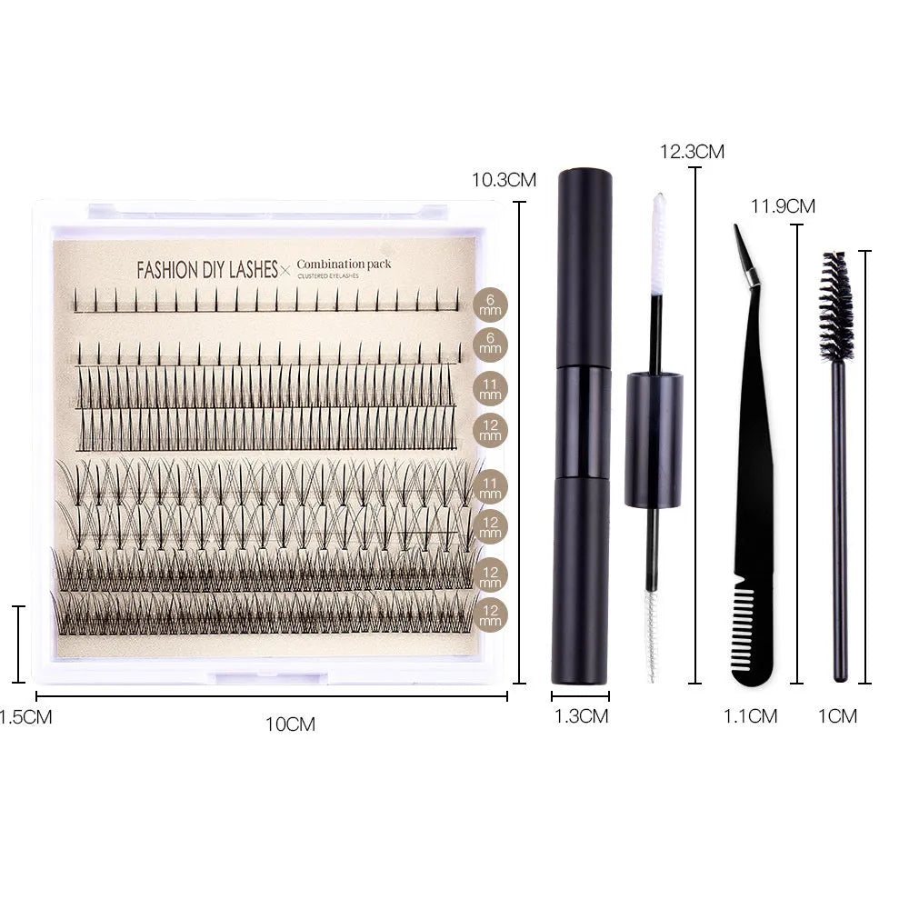 DIY false eyelash kit showing segmented single-cluster lashes, adhesive bottles, tweezers, and a brush on a pink and black background.