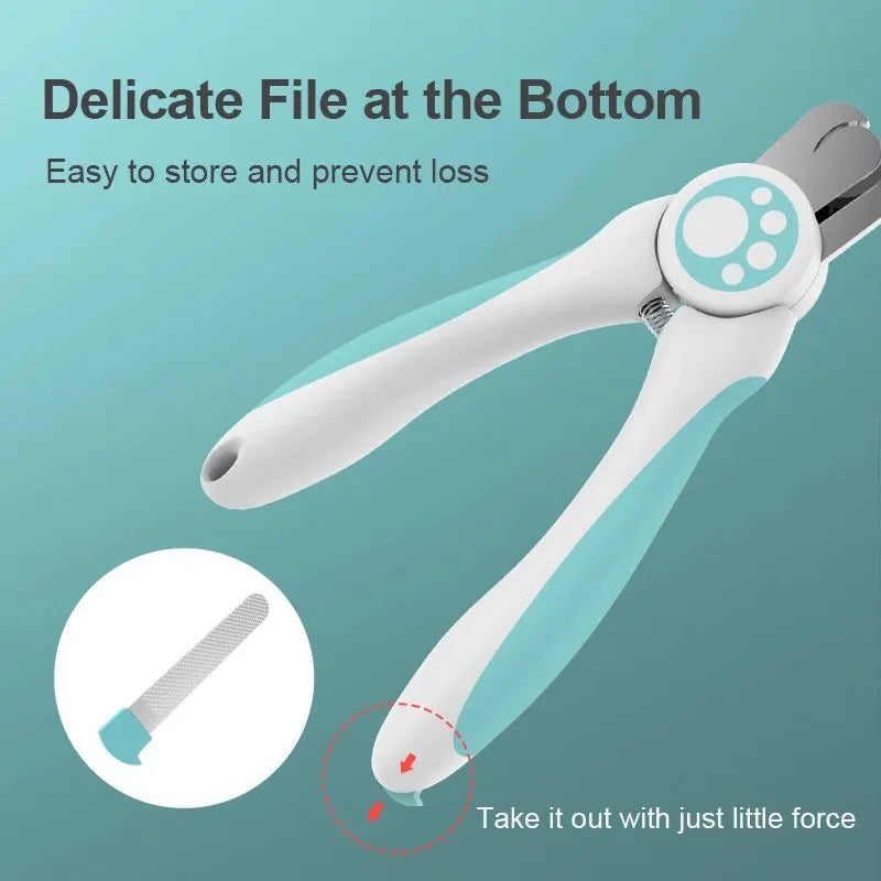 Blue and white professional pet nail clipper with safety lock and nail file for dogs and cats.