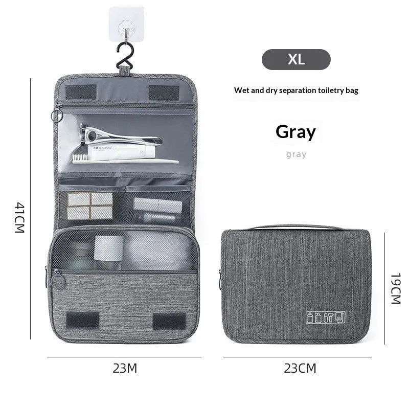 Cube-shaped cationic hanging toiletry bag in gray with metal hook, matte finish, and dry-wet separation compartments