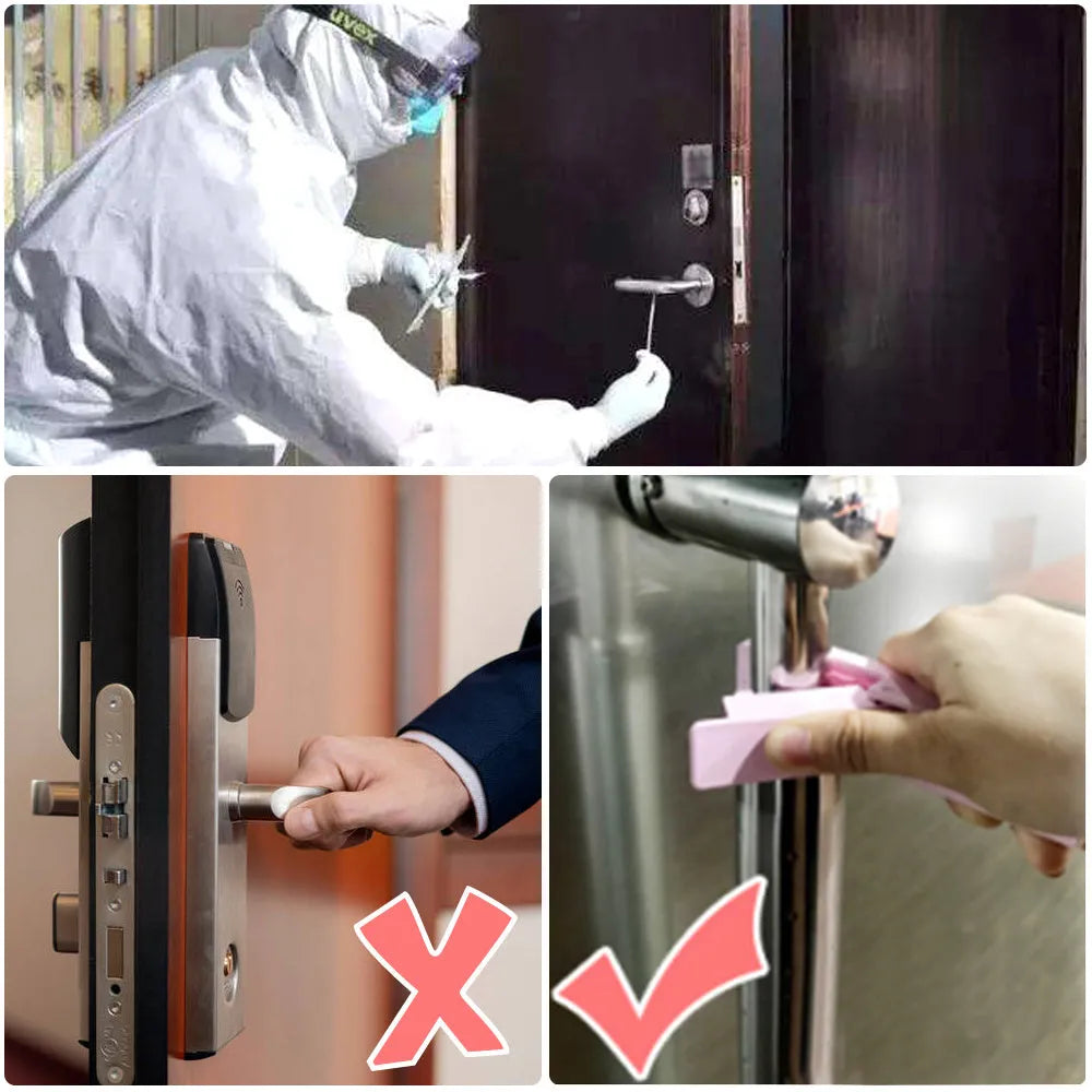 Plastic door opening tool for avoiding direct contact with public surfaces, blue colour, compact size 11.5 x 2.5 x 3 cm