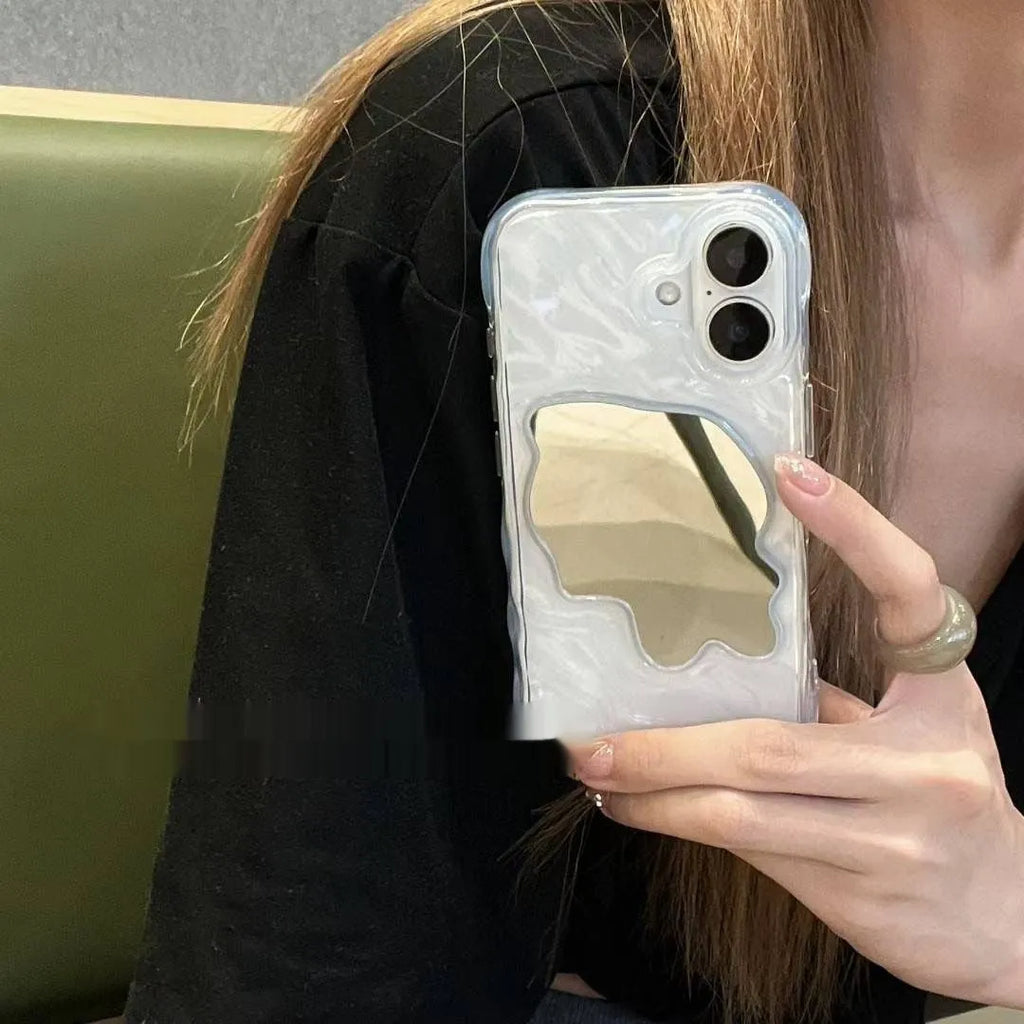 Solid colour iPhone case with water ripple texture and a small mirror, shown in beige colour.