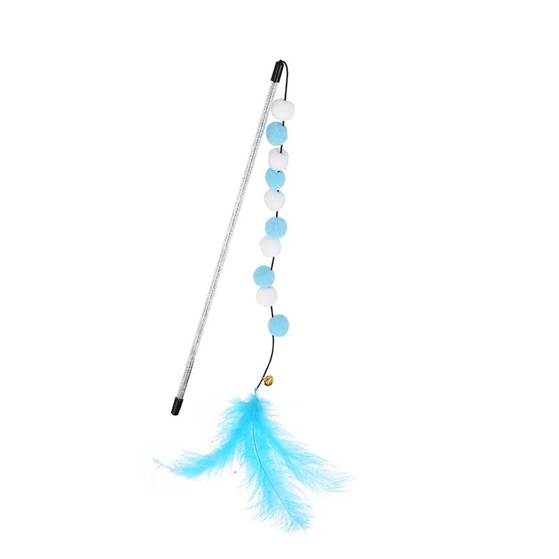 31cm cat teaser rod toy with bell and coloured feather attachments
