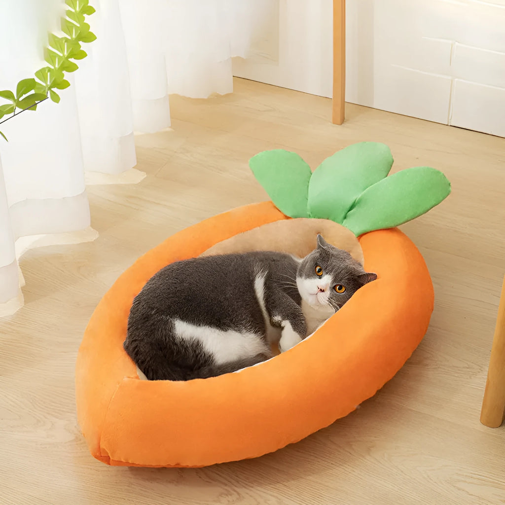 Carrot-shaped enclosed dog nesting bed with a soft blanket, shown in medium and large sizes.