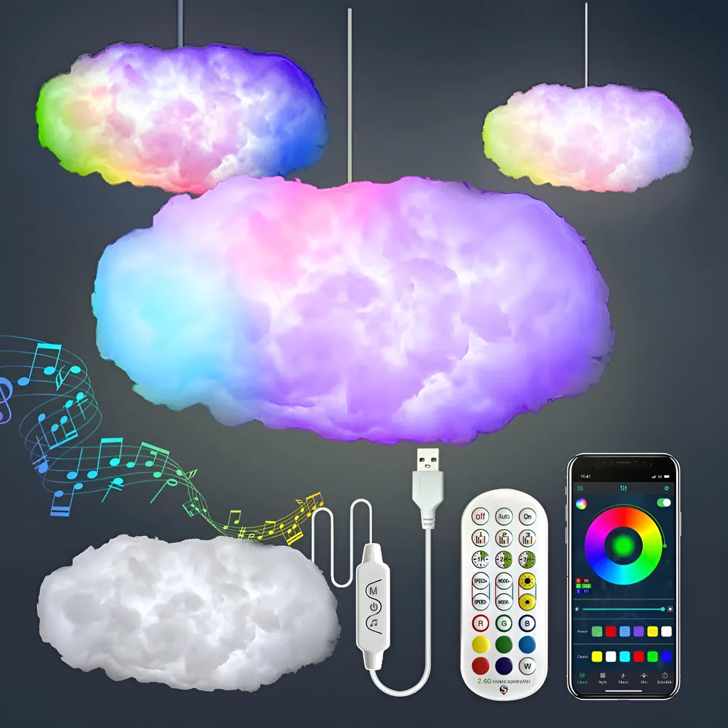White fabric cloud pendant light with colour-changing LED lighting and USB cable