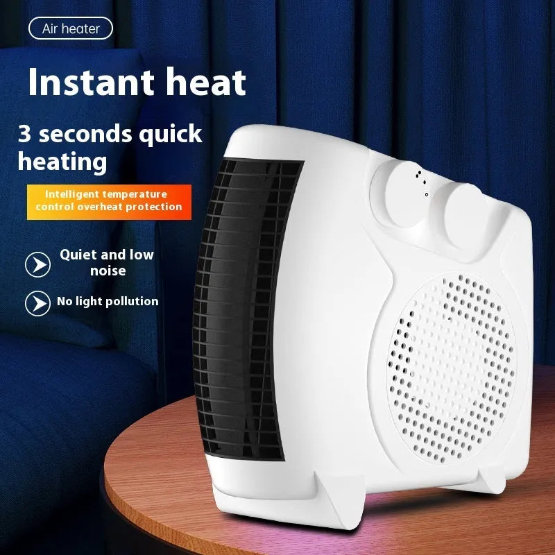 White vertical tower electric heater on a wooden desktop