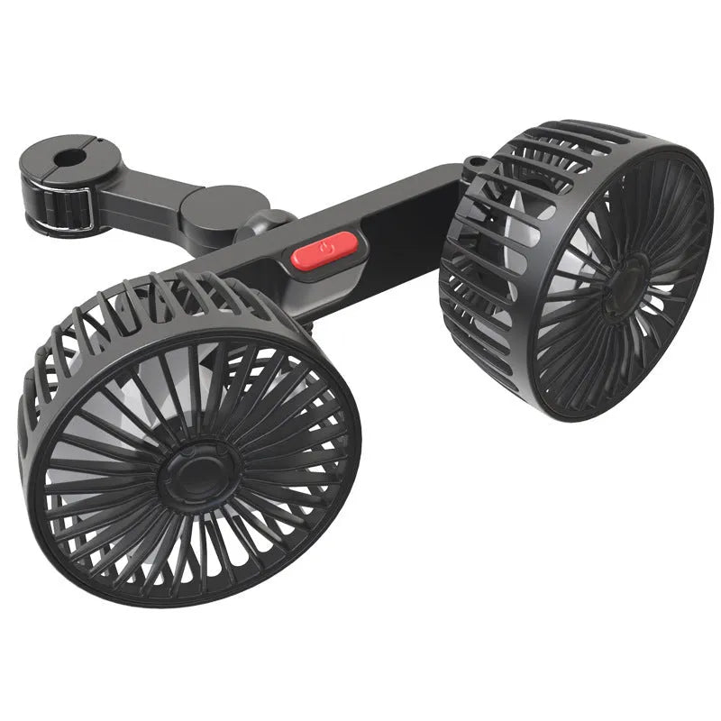 Black car USB rear pillow fan mounted on headrest showing adjustable single head and USB power cable