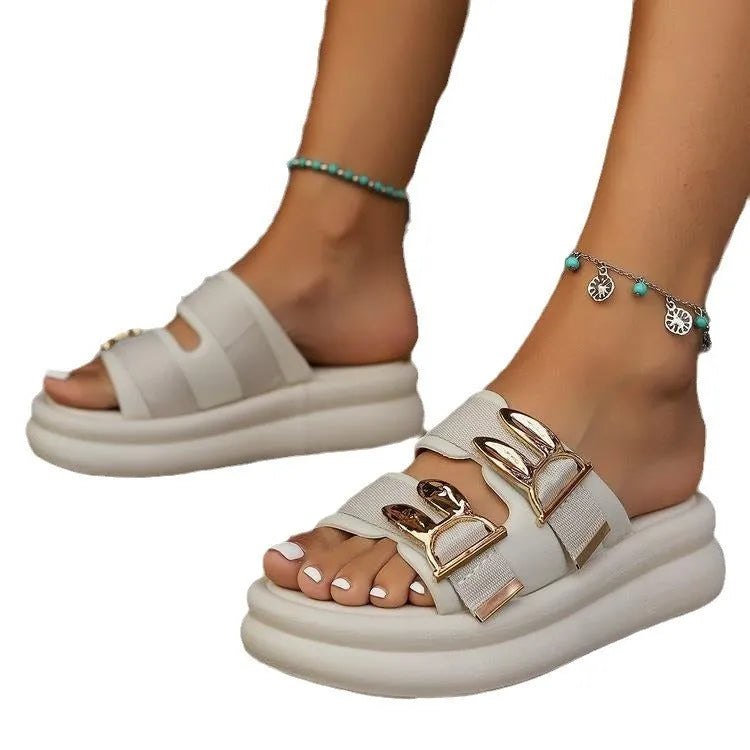 Women's thick-bottom slippers in apricot, black and off-white with suede uppers and rubber soles