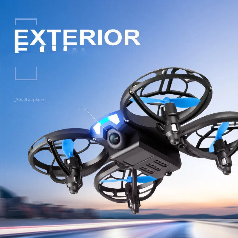 Blue V8 mini quadcopter RC drone with propellers, shown next to its remote control and storage net bag.