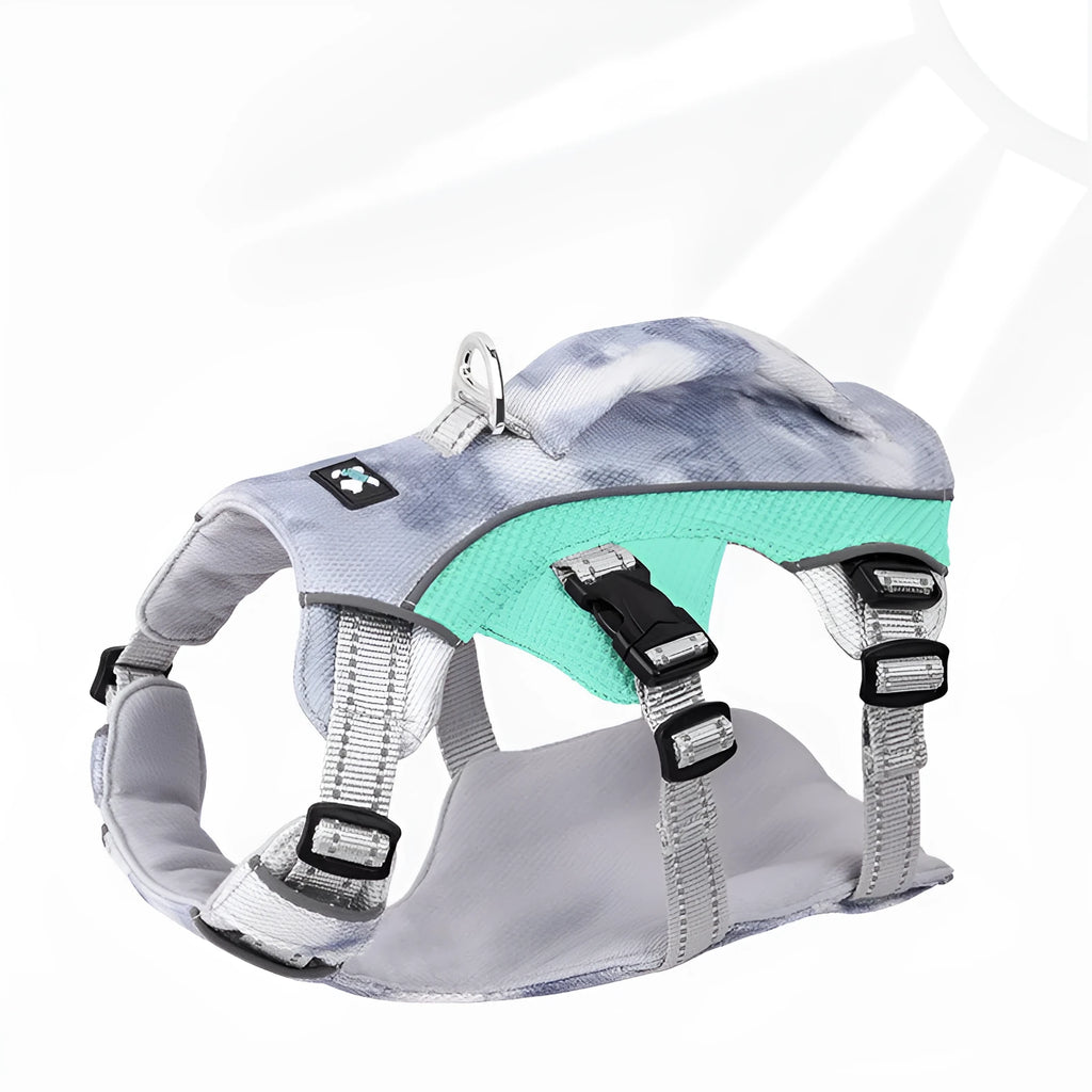 Light blue reflective dog chest strap cooling harness laid flat.