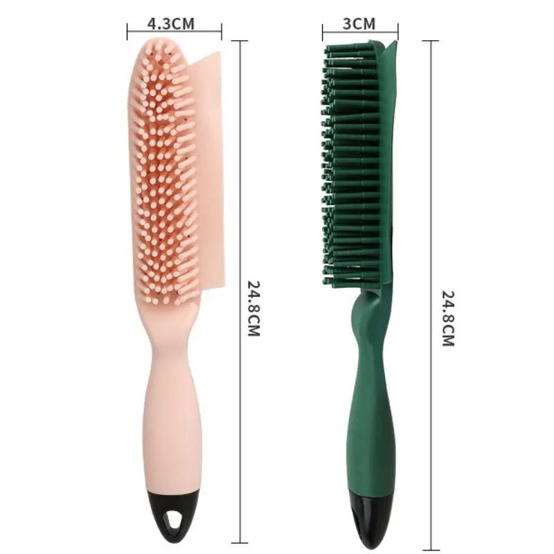 Green silicone pet hair remover brush with plastic handle on a fabric sofa