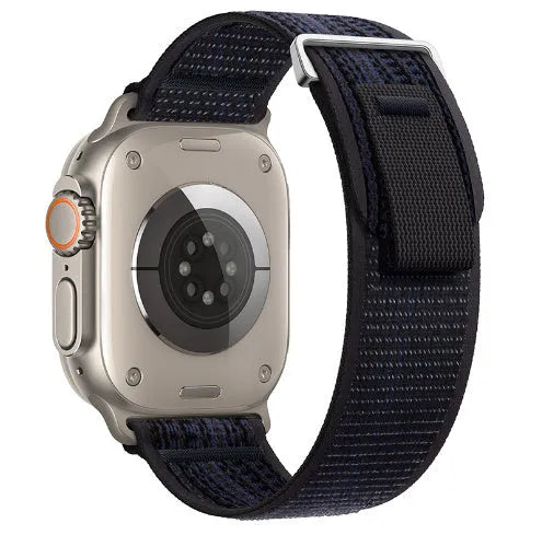 Nylon trail loop watch strap for Apple Watch in black and gray with two-section modified design