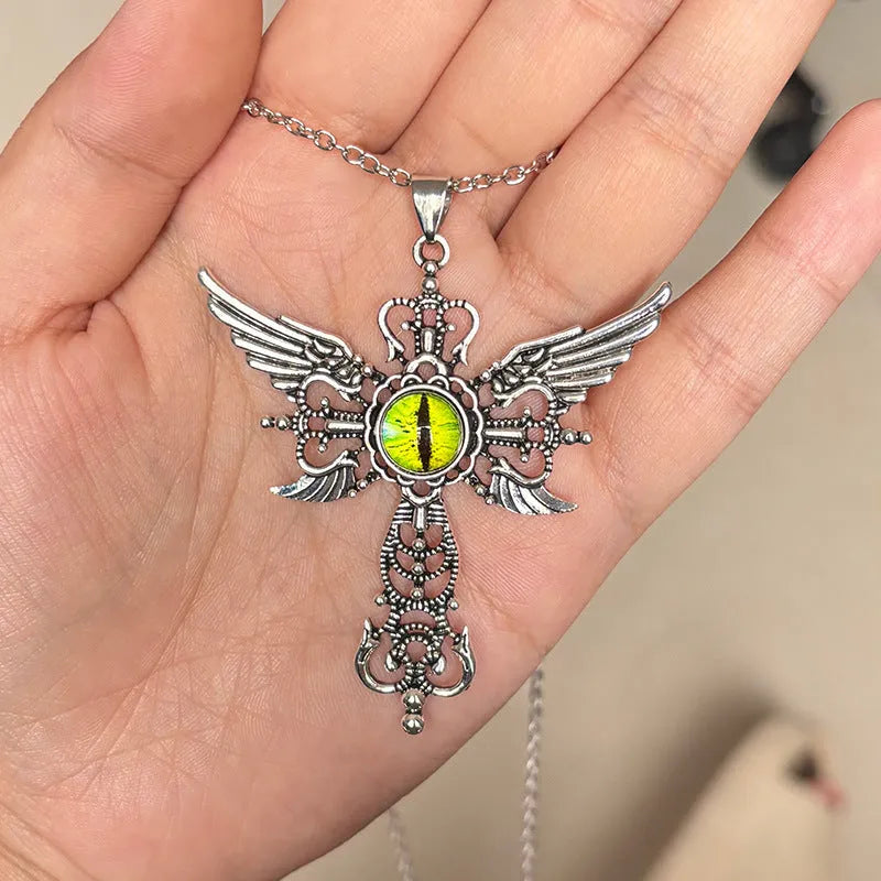 Creative devil wings and geometric cross pendant necklace in alloy on an adjustable chain.