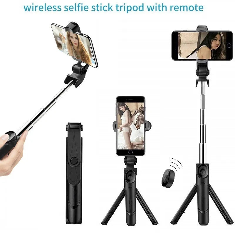 Bluetooth handheld selfie stick with wireless remote control in black and white, folded for portability