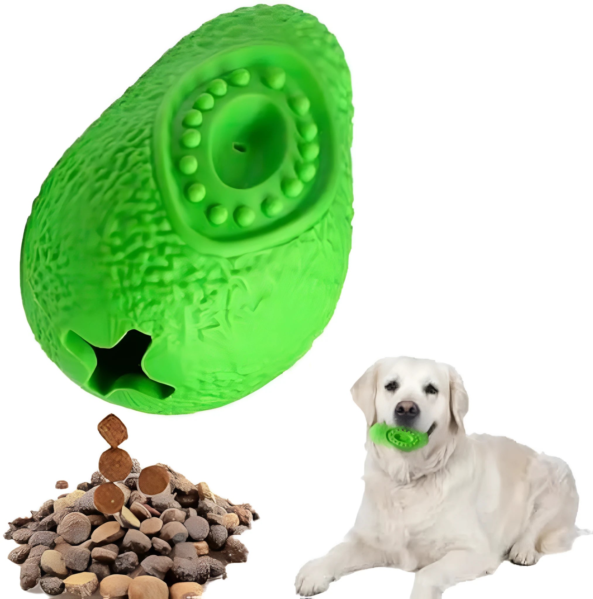 Green avocado-shaped heavy-duty rubber dog chew toy for aggressive chewers on a white background.