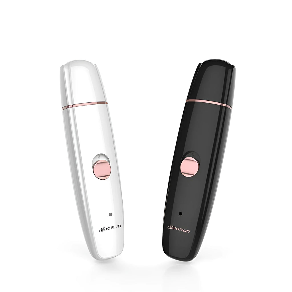 Black cat nail clipper with LED light and USB cable, ABS plastic body on white background