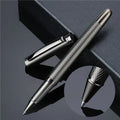 Fog gun grey metal signature pen with bullet nib and 0.5mm line width on dark table