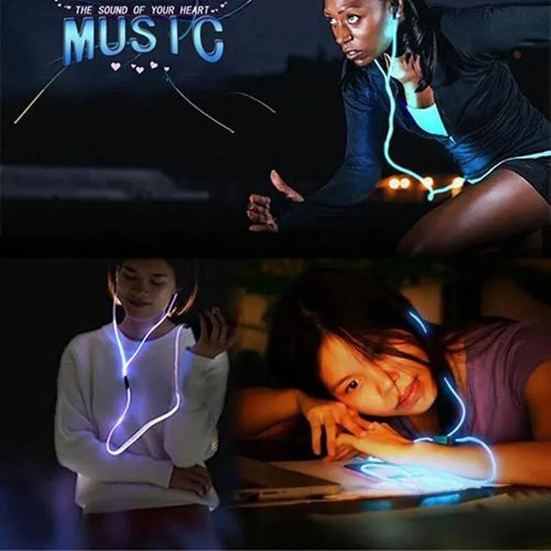 Blue LED light-up earphones with 3.5mm plug and remote control, flashing in sync with music.