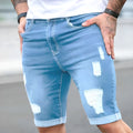 Sky blue men's denim shorts with multi-hole manual wear distressing and low waist straight cut