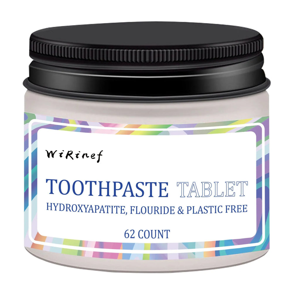 Pack of 62 white solid toothpaste tablets for portable dental cleaning.