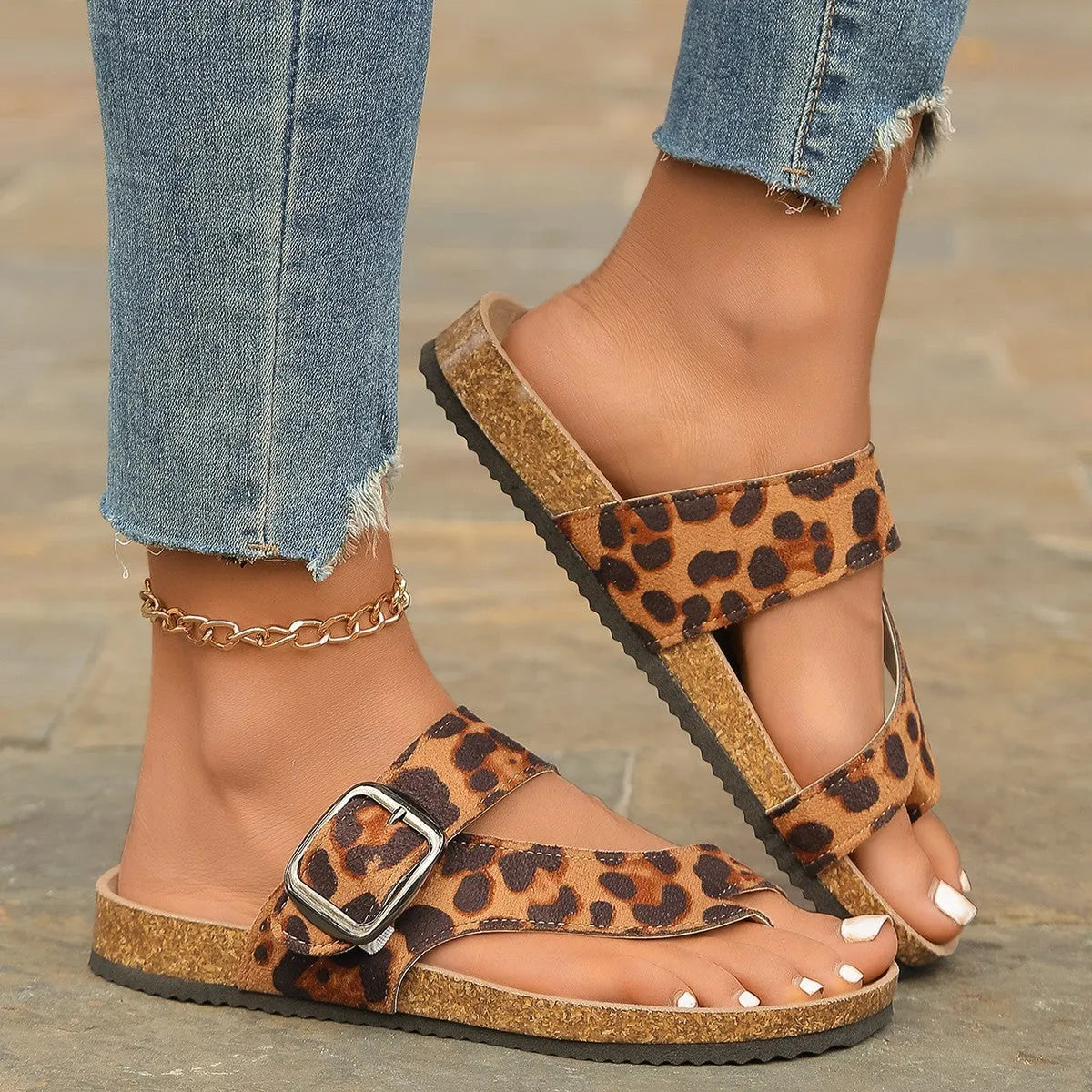 Leopard print Roman style slippers with toe covering and wooden sole