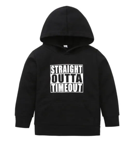 Boys' black and white hooded cotton sweater with letter pattern, long sleeves, and pullover design