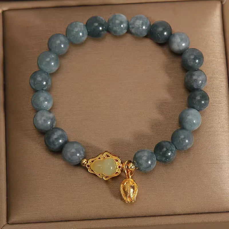 Women's natural stone bracelet with blue gourd lotus pendant and electroplated floral design