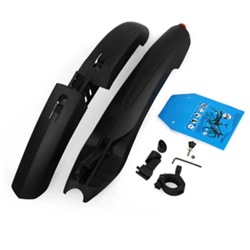 Mountain bike mudguard with quick-release design and rear tail light, black, on a front fork