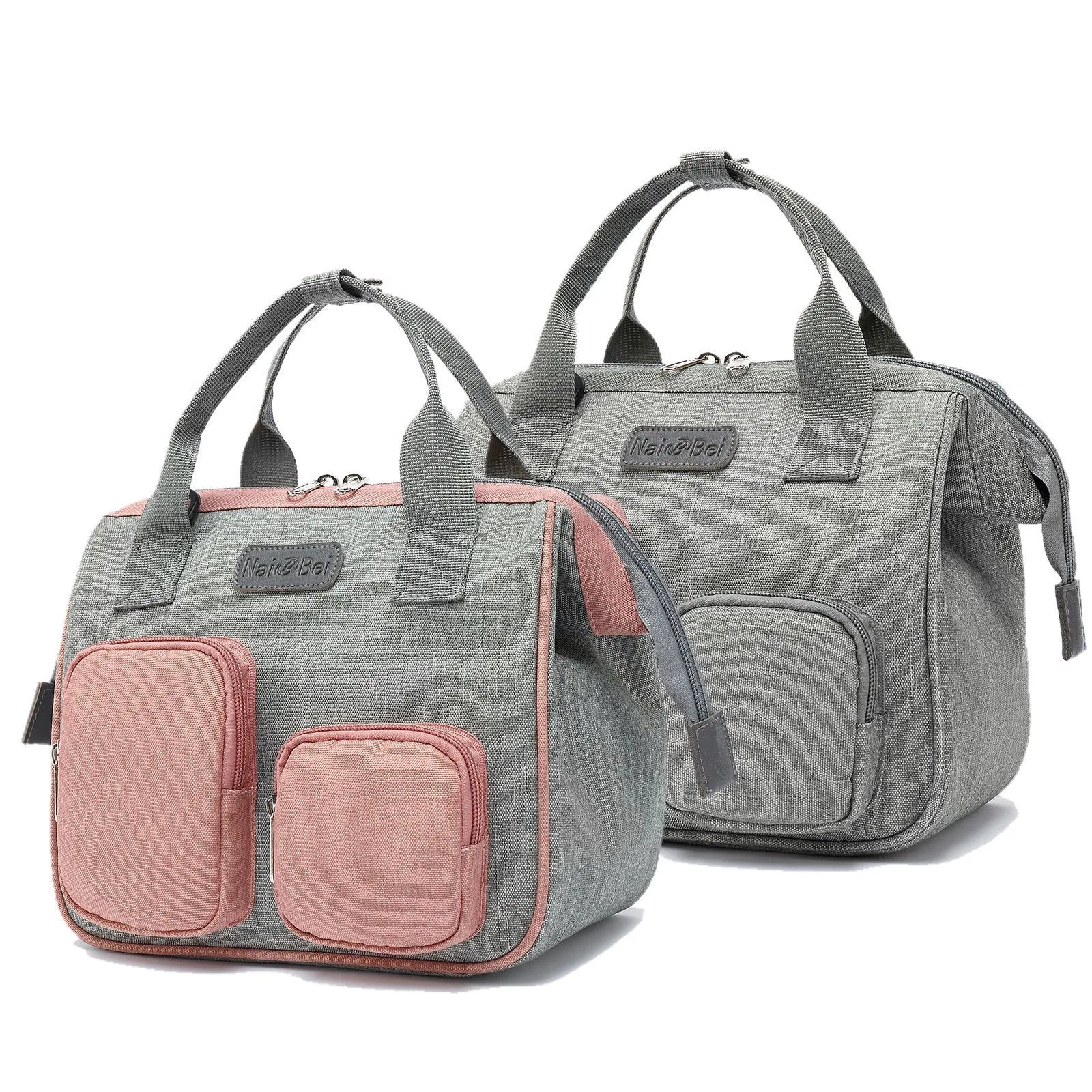 Waterproof Oxford cloth women's handbag in grey colour showing three-dimensional exterior pocket