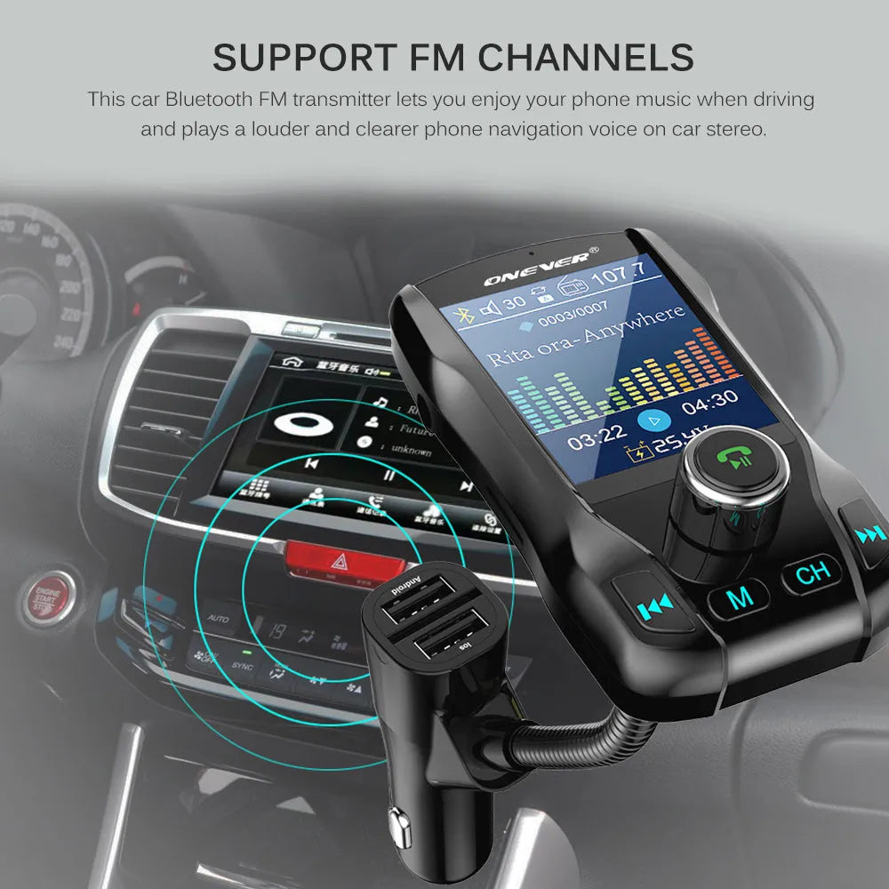 Black car FM transmitter with colour screen and flexible hose plugged into a vehicle power socket
