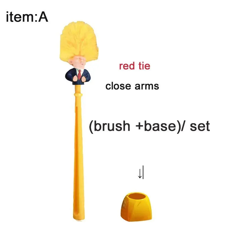 Yellow plastic Donald Trump novelty toilet brush with hanging slot, 40cm length