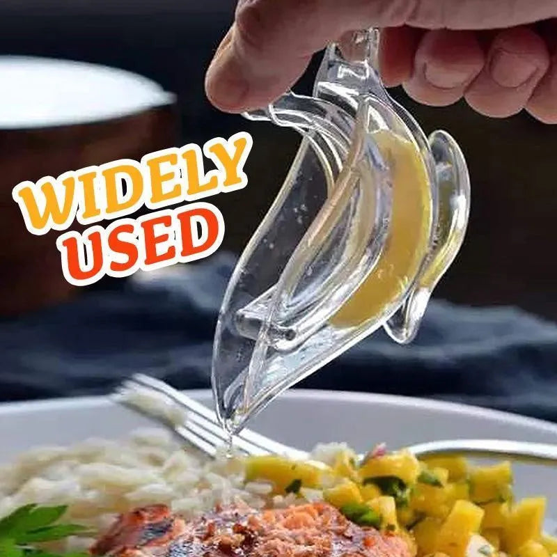 Transparent acrylic bird-shaped manual juicer for lemon slices on a kitchen counter.