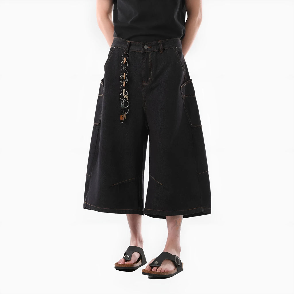 Black retro washed denim cropped pants for men with side pockets and straight leg