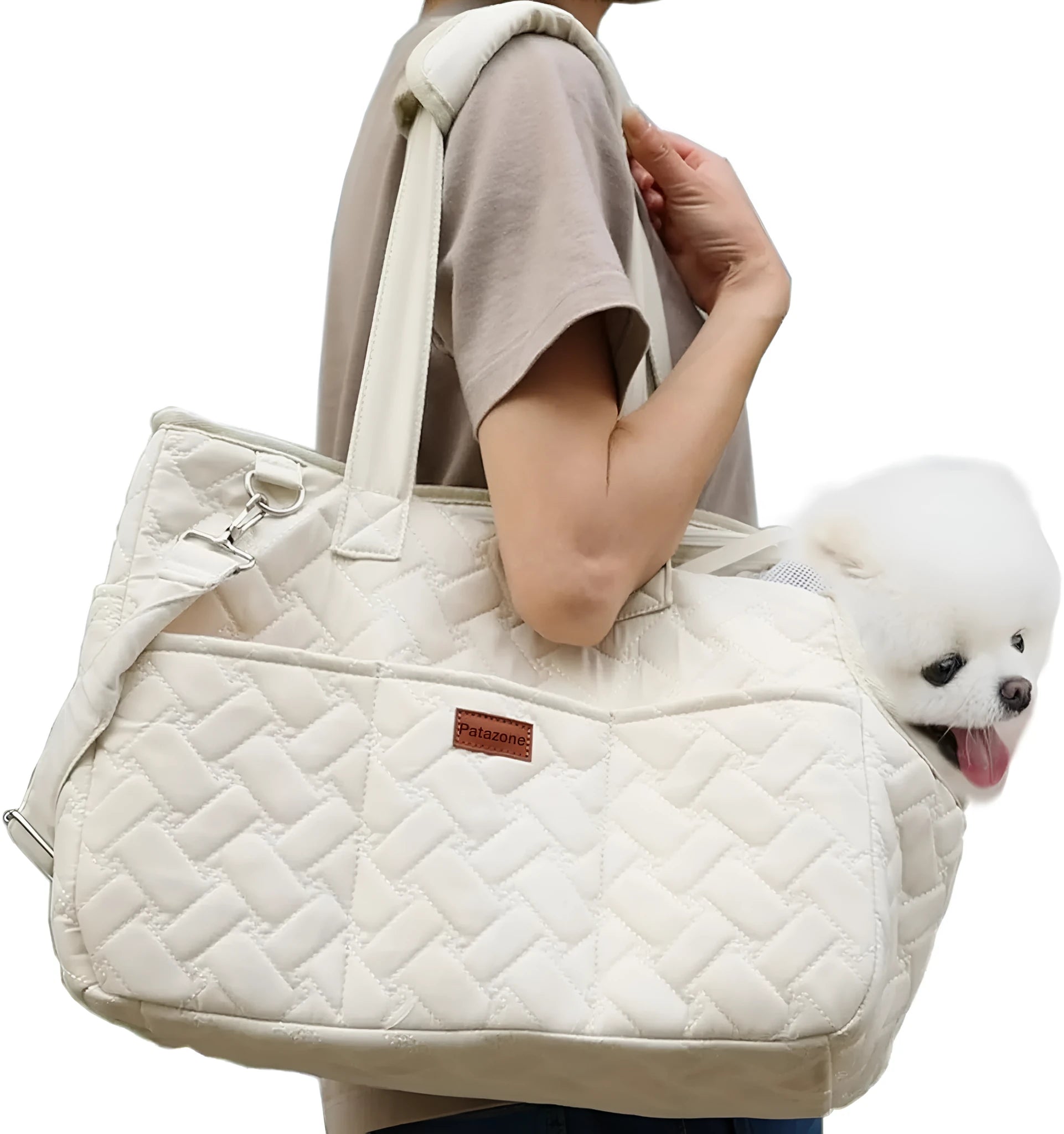 Grey handbag-style pet carrier for cats and small dogs with mesh windows and multiple pockets.