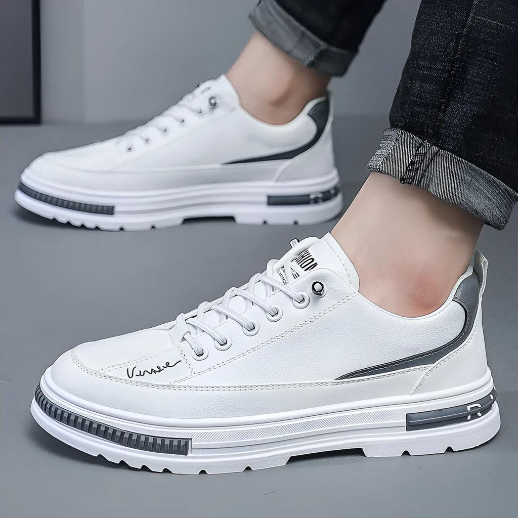 Men's white platform sneakers with elastic band and round toe design