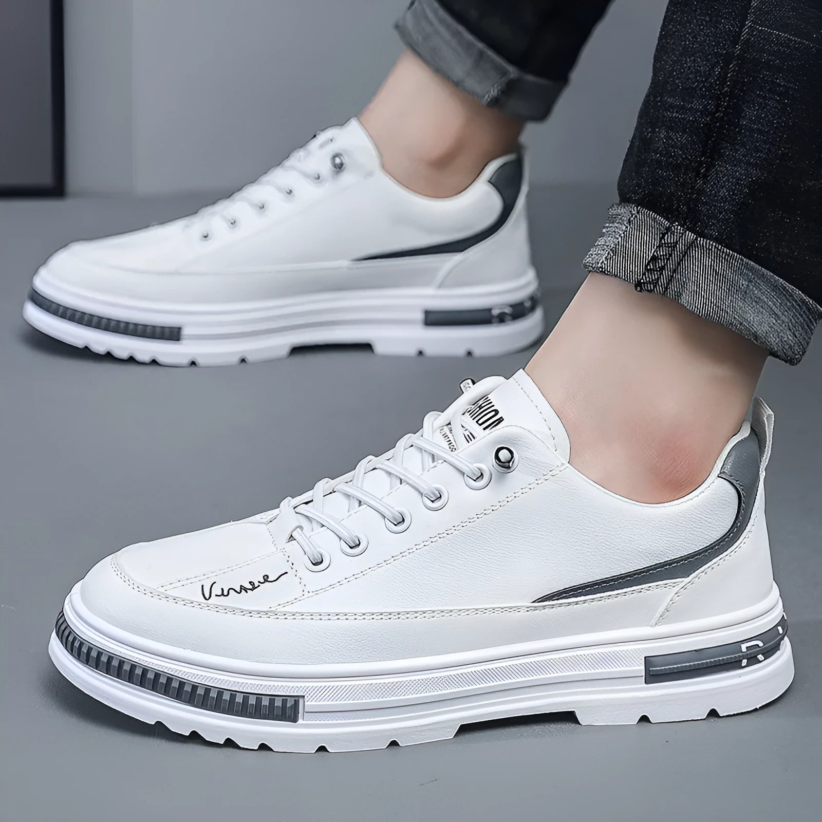 Men's white platform sneakers with elastic band and round toe design