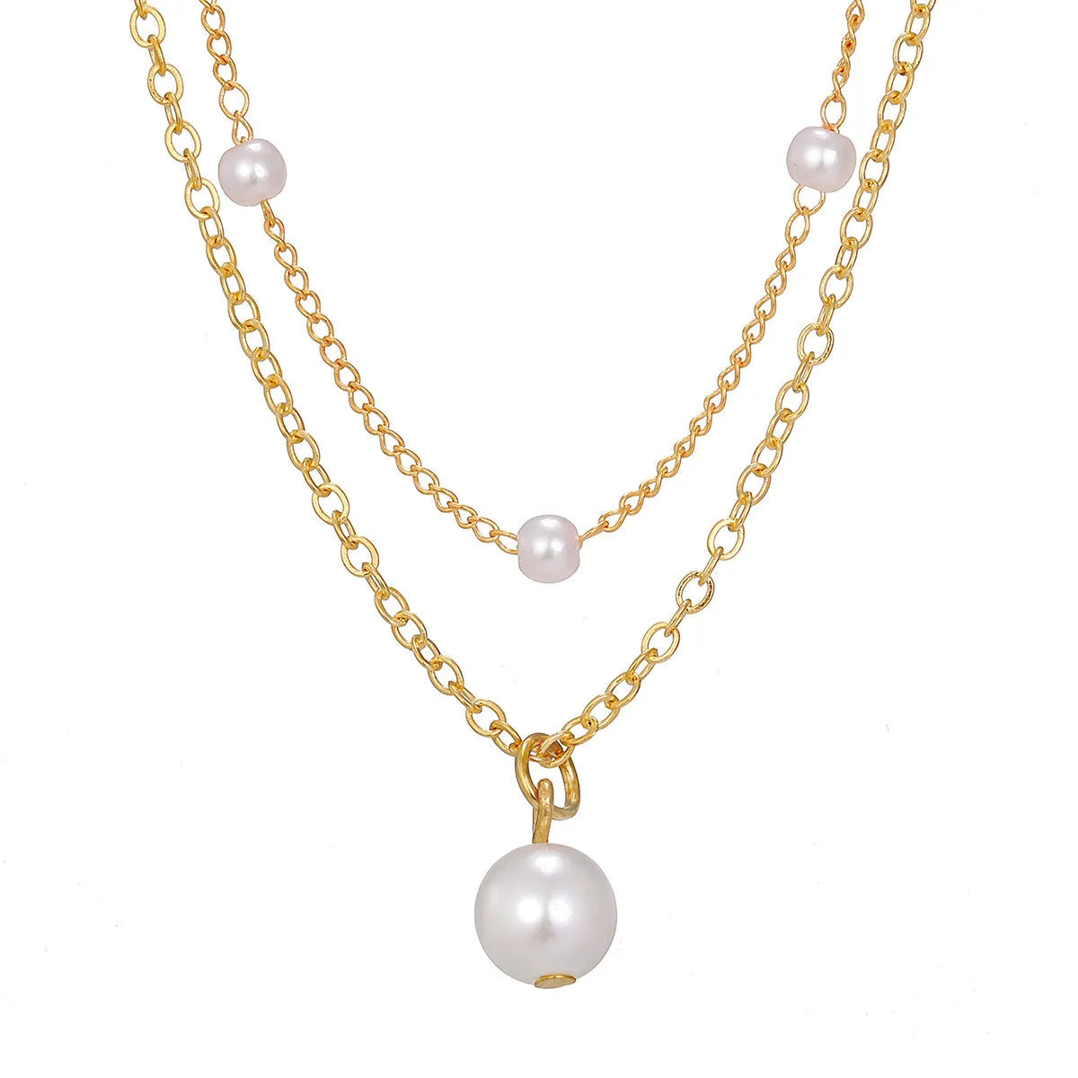 Women's gold pearl tassel pendant double-layer necklace set with alloy O-ring chain on display showing three colour variants