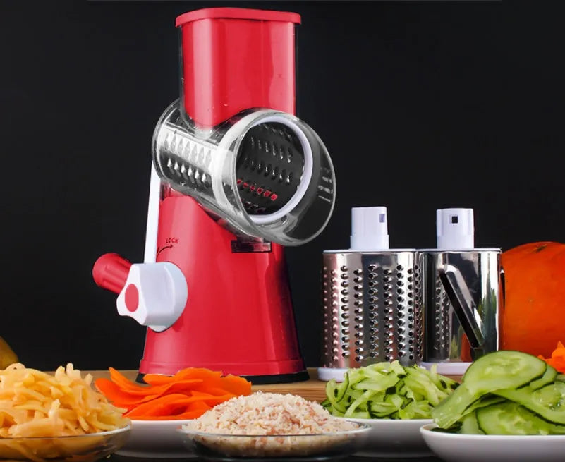 Round manual mandoline slicer with stainless steel blades in blue, green, or red colour
