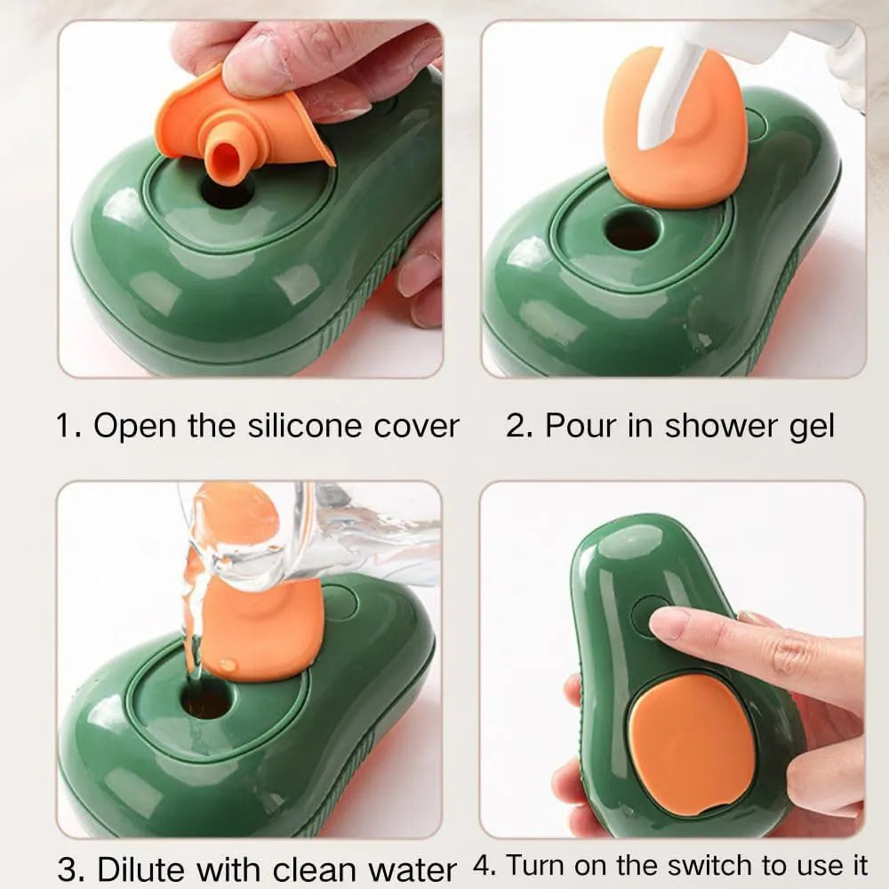 Green and white 3-in-1 cat steam brush with silicone teeth and water spray function, shown with size scale.