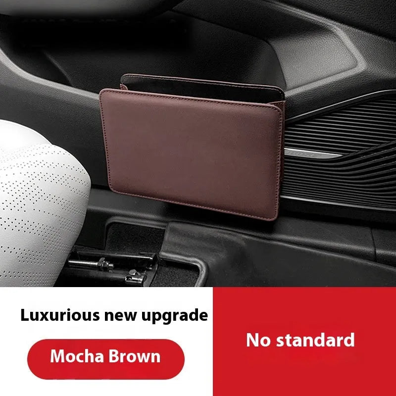 Leather car door container trash can in beige, showing compact size and hanging design for vehicle use