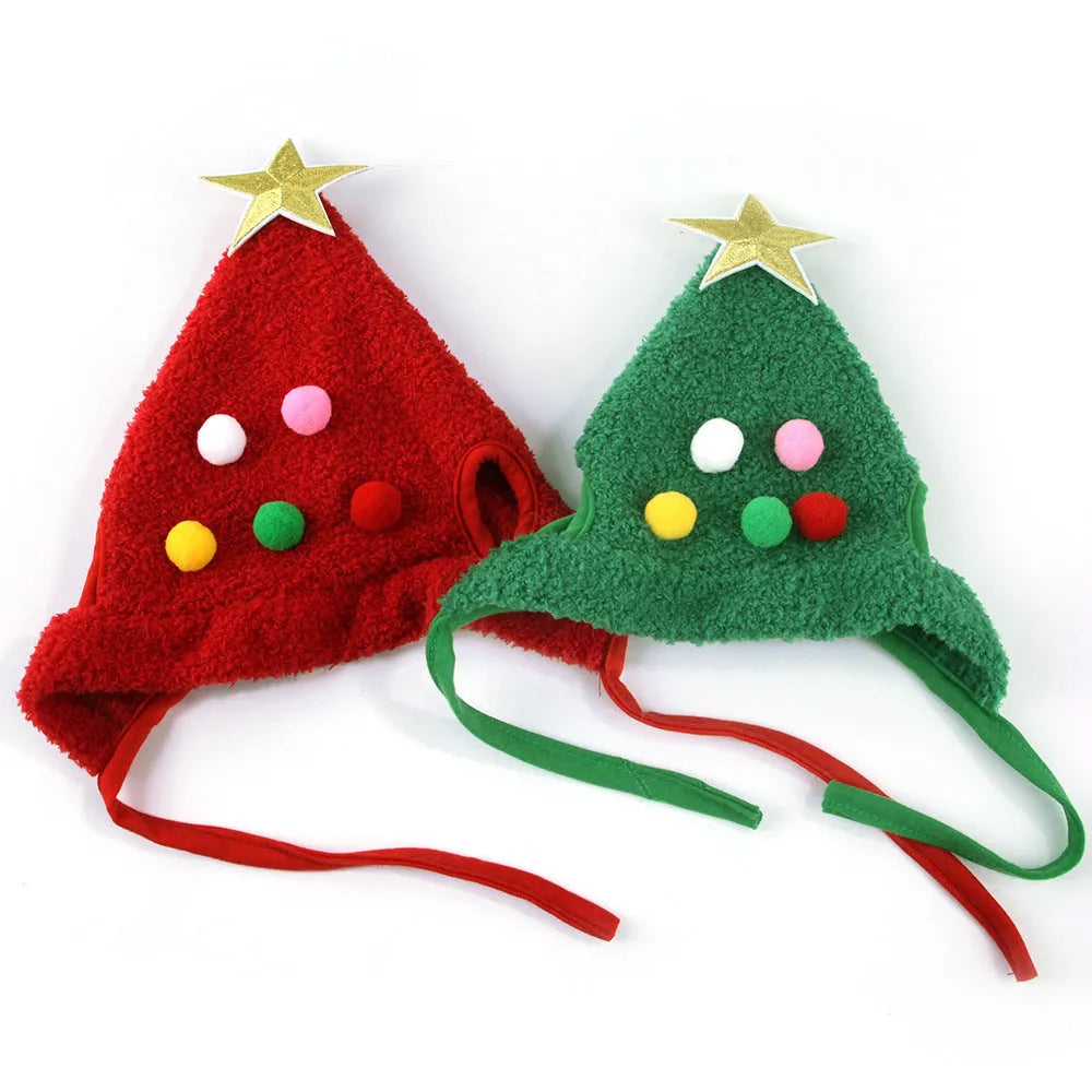 Pet Christmas tree shaped hat on a cat with adjustable chin strap, red and green polyester