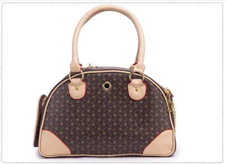 Anti-squeeze PU embossing pet travel bag for cats and dogs coffee white colour