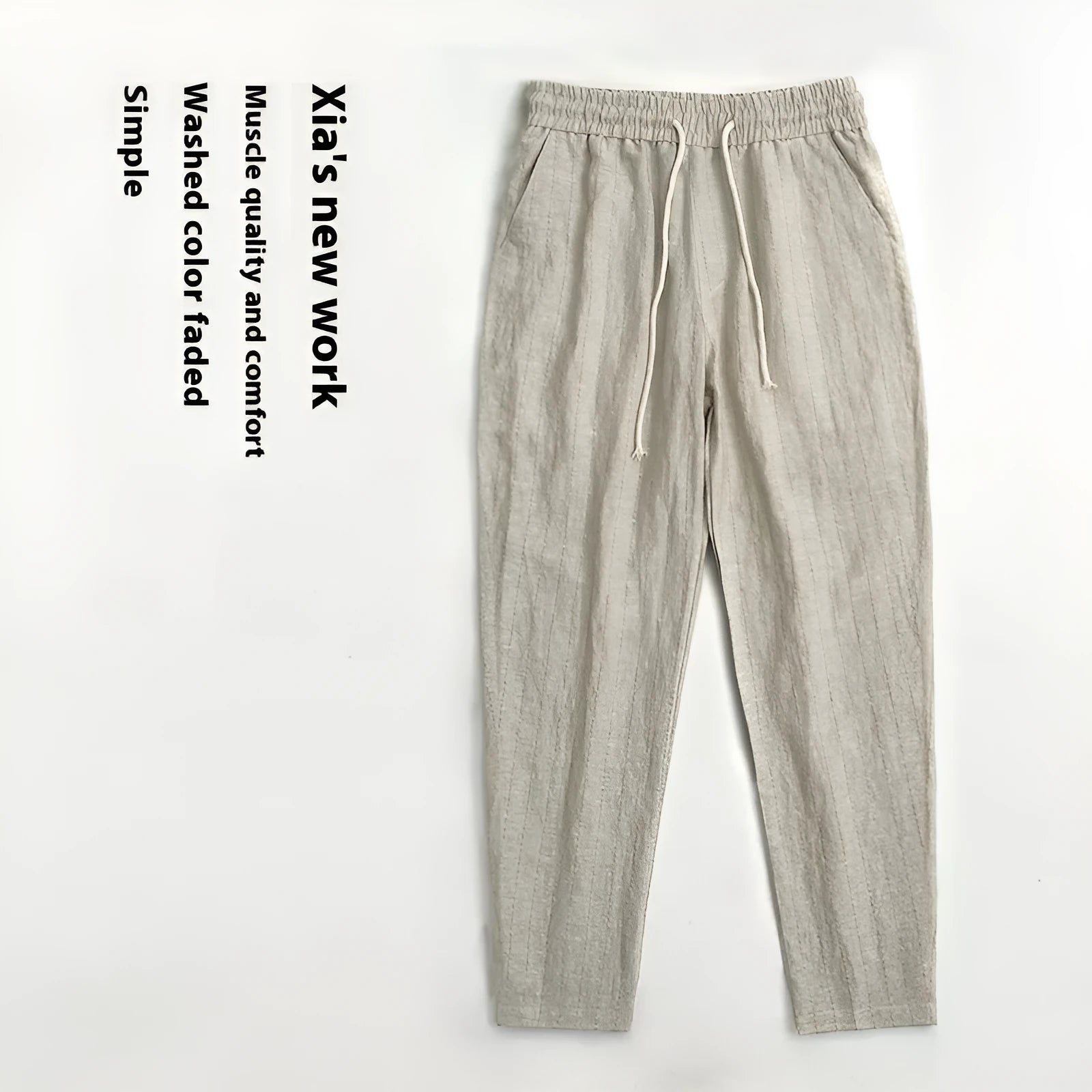 Men's cotton and linen casual trousers with cropped length and stripe pattern