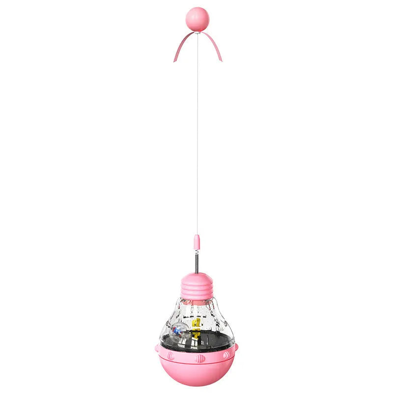Plastic pet toys including food leakage bear, bulb tumbler cat toy, and educational puzzles in various colours